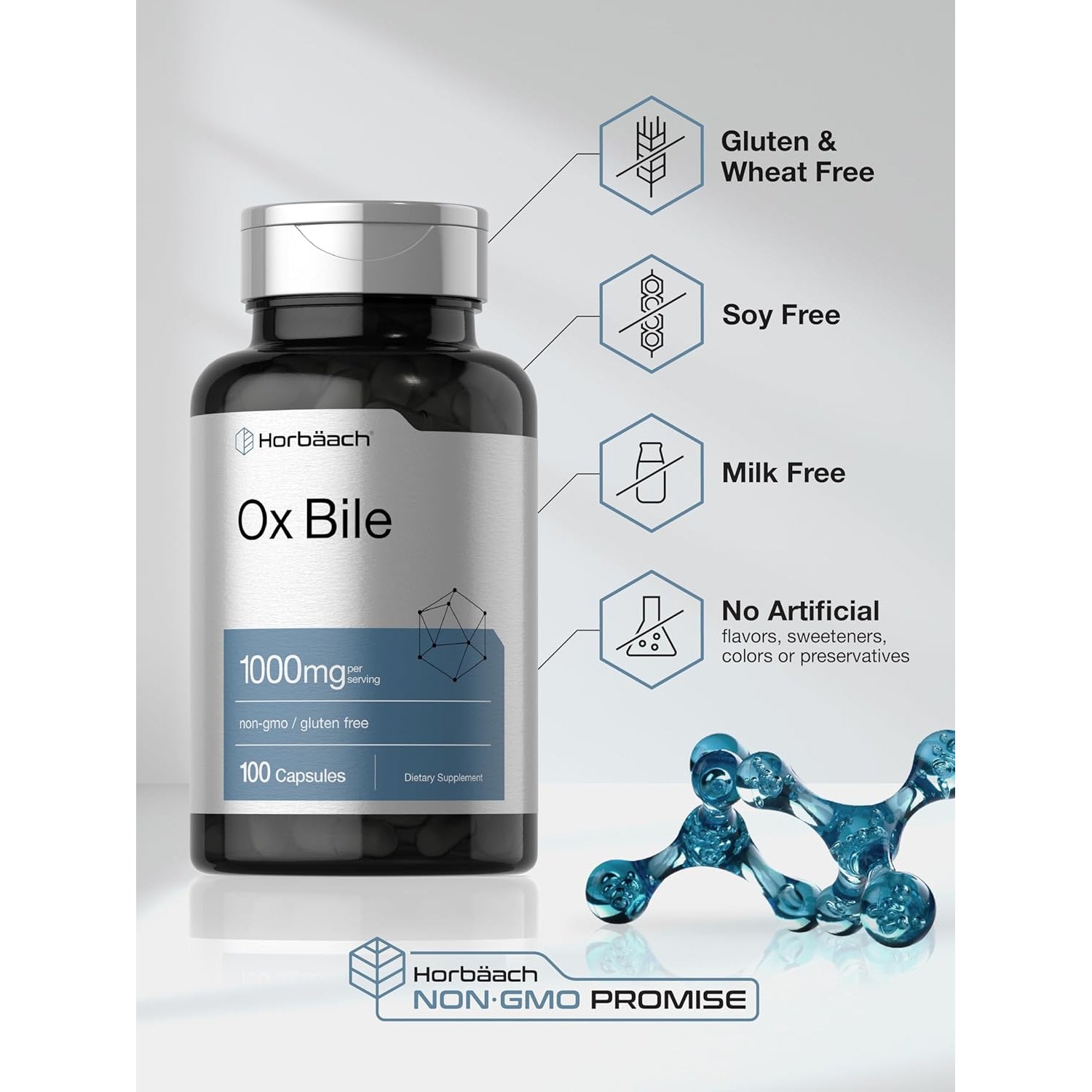 Horbäach Ox Bile Supplement | 1000Mg | 100 Capsules | Digestive Enzymes Supplement | Non-Gmo & Gluten Free