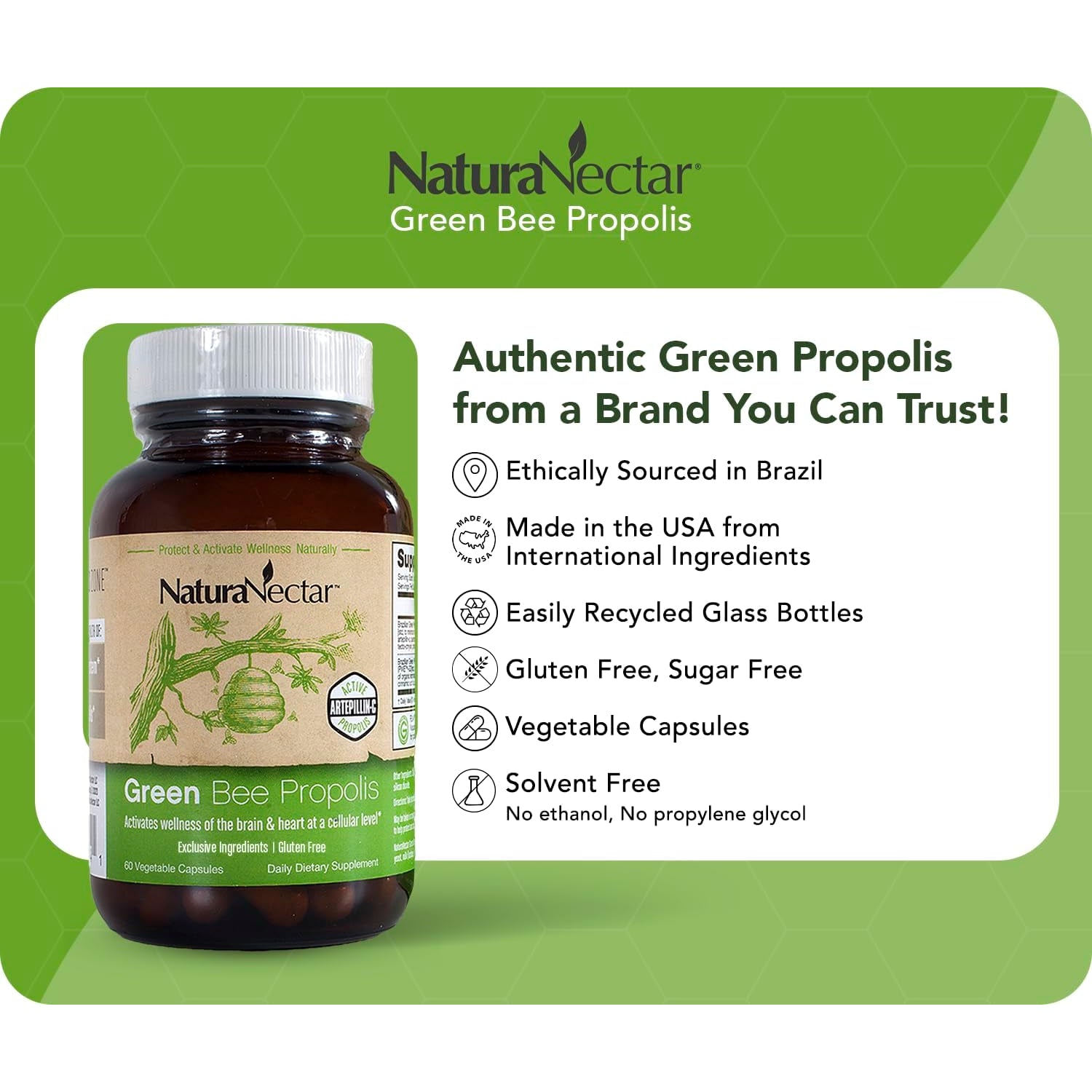 Naturanectar - Green Bee Propolis Capsules - NSF Contents Certified Brazilian Green Propolis - Gluten-Free Propolis Supplements with Flavonoids - Naturally Sourced through Ethical Beekeeping (60Pcs.)