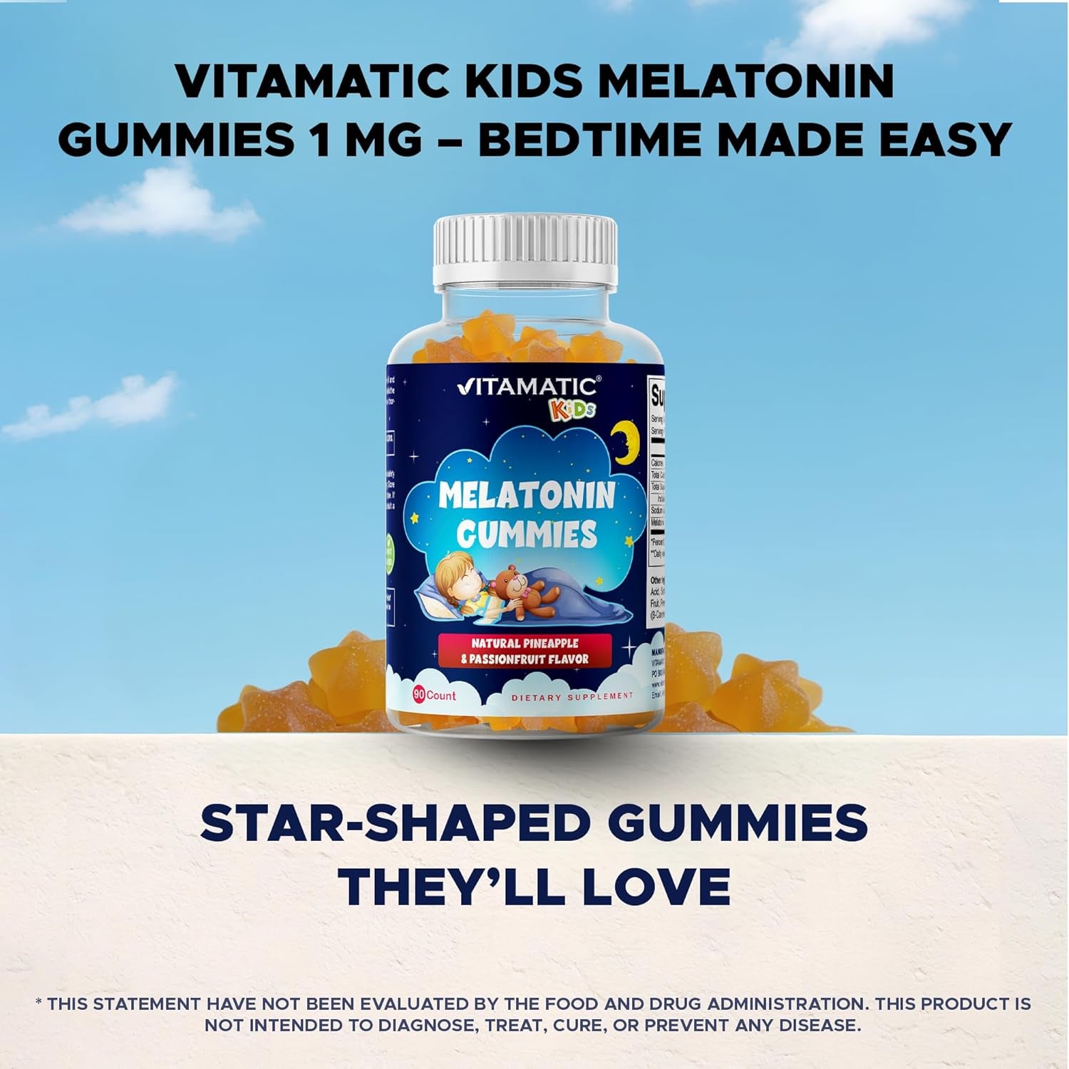 Vitamatic Sugar Free Kids Melatonin 1Mg, 90 Gummies, Pineapple & Passionfruit Flavored Gummies, 90 Days Supply
