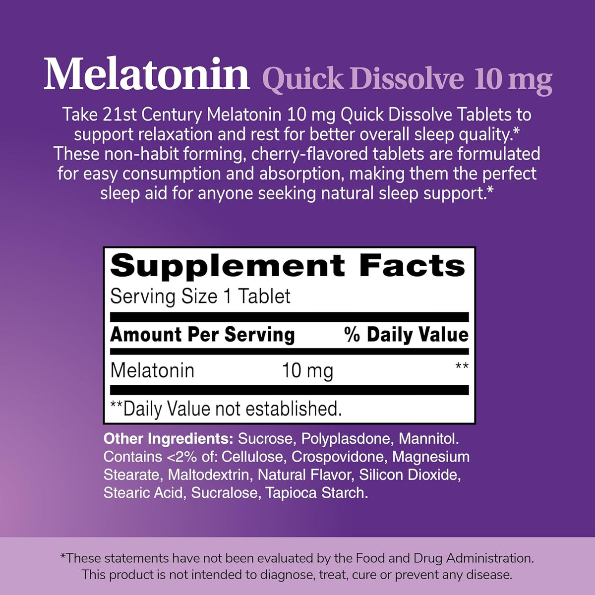 21St Century Melatonin 10Mg Extra Strength, 120 Count, Quick Dissolving Sleep Aid for Adults, Promotes Relaxation and Restful Sleep, Non-Habit Forming, Gluten-Free, Cherry Flavor