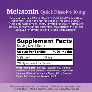 21St Century Melatonin 10Mg Extra Strength, 120 Count, Quick Dissolving Sleep Aid for Adults, Promotes Relaxation and Restful Sleep, Non-Habit Forming, Gluten-Free, Cherry Flavor