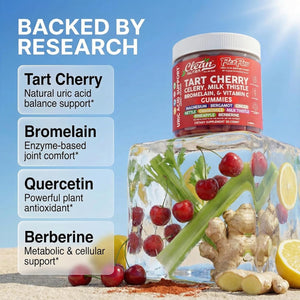 Clean Nutra Tart Cherry Gummies Uric Acid Flush Celery Milk Thistle Bromelain Vitamin C Magnesium Citrus Bergamot Ginger Stinging Nettle Leaf Chamomile Berberine Quercetin Support 60 Gummy Vitamins