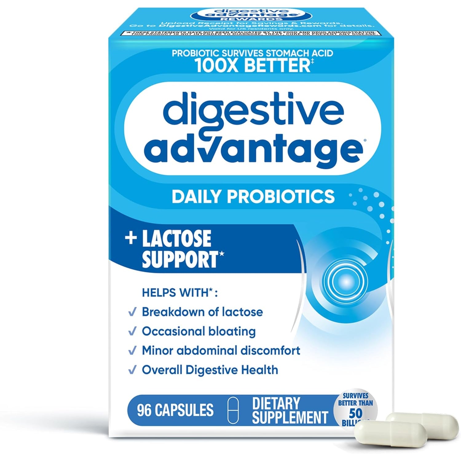 Digestive Advantage Probiotics + Lactase Digestive Enzymes for Digestive Health, Daily Probiotics for Women Men Occasional Bloating, Lactose Breakdown, Minor Abdominal Discomfort, Immune Support, 96Ct