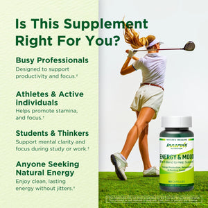 Caffeine Free Natural Energy Boost with Ashwagandha, Maca & Magnesium - Support Stress Relief, Focus & Mood - 60 Capsules by Innervis Nutrition