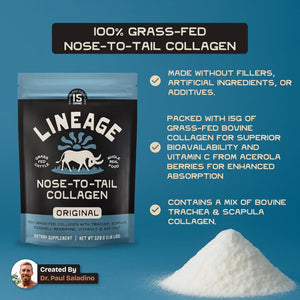 Lineage Provisions 100% Grass Fed Collagen Powder UNFLAVORED – Hydrolyzed Bovine Collagen Peptides with Trachea, Scapula, Eggshell Membrane – Collagen Protein Powder with Vitamin C – 30 Servings