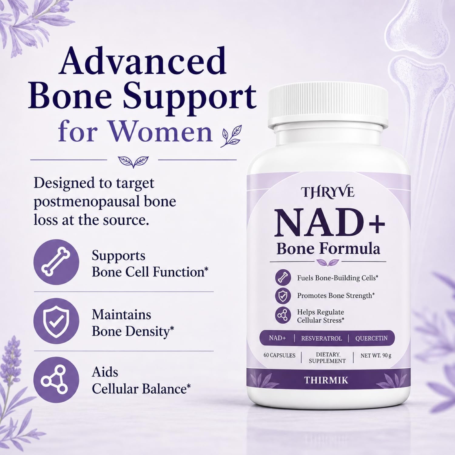 Thirmik Thryve NAD+ Bone Formula, for Women, Vegan, Non-Gmo (60 Capsules)