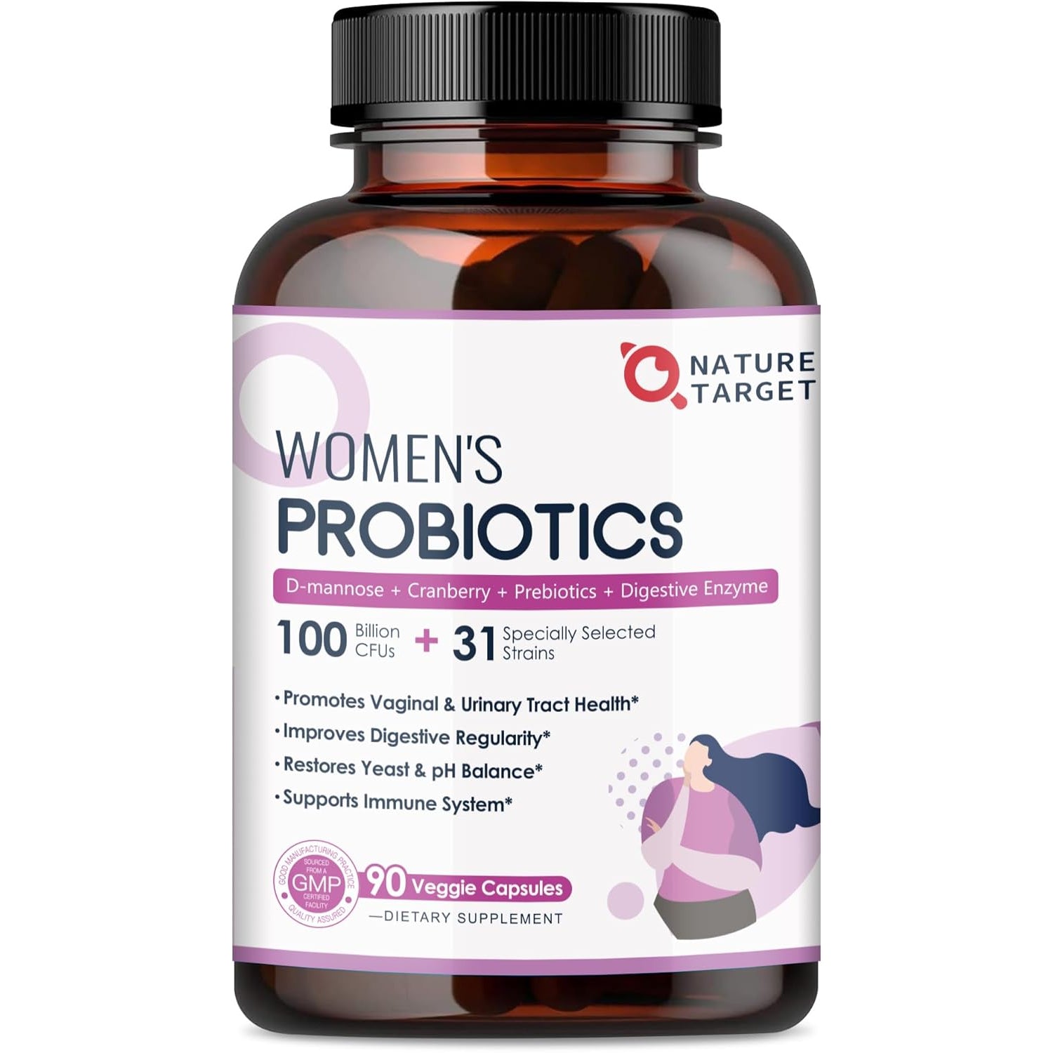 NATURE TARGET Probiotics for Women, 100 Billion Cfus Probiotic with Digestive Enzymes & Prebiotics, Vaginal Probiotics with Cranberry for Urinary Tract Health, Ph Balance, 90 Veggie Capsules