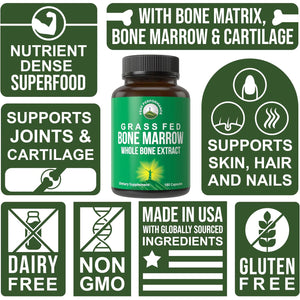 Peak Performance Grass Fed Bone Marrow - Whole Extract Supplement 180 Capsules - Superfood Pills Rich in Collagen, Vitamins, and Amino Acids - from Matrix Cartilage - Ancestral Tablets