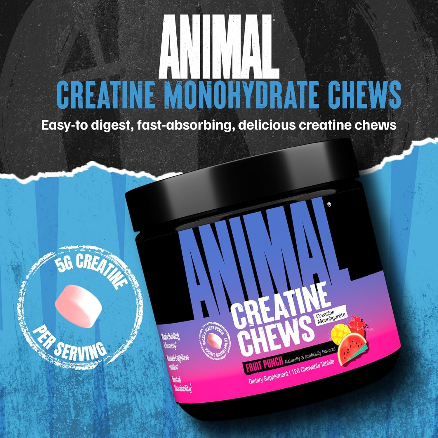 Animal Creatine Chews Tablets - Enhanced Creatine Monohydrate with Astragin to Improve Absorption, Sea Salt for Added Pumps, Delicious and Convenient Chewable Tablets - Fruit Punch