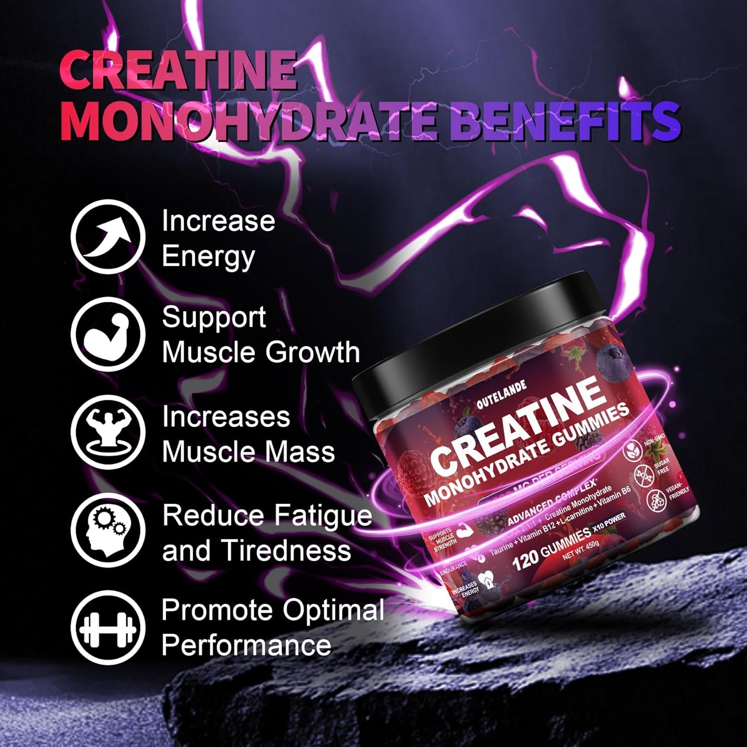 Creatine Monohydrate Gummies for Men & Women, Creatine Supplement for Enhanced Muscle Growth, Energy Boost - with L-Taurine, Sugar Free, Vegan, Raspberry Blackberry Blueberry Flavor-120 Count