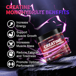 Creatine Monohydrate Gummies for Men & Women, Creatine Supplement for Enhanced Muscle Growth, Energy Boost - with L-Taurine, Sugar Free, Vegan, Raspberry Blackberry Blueberry Flavor-120 Count