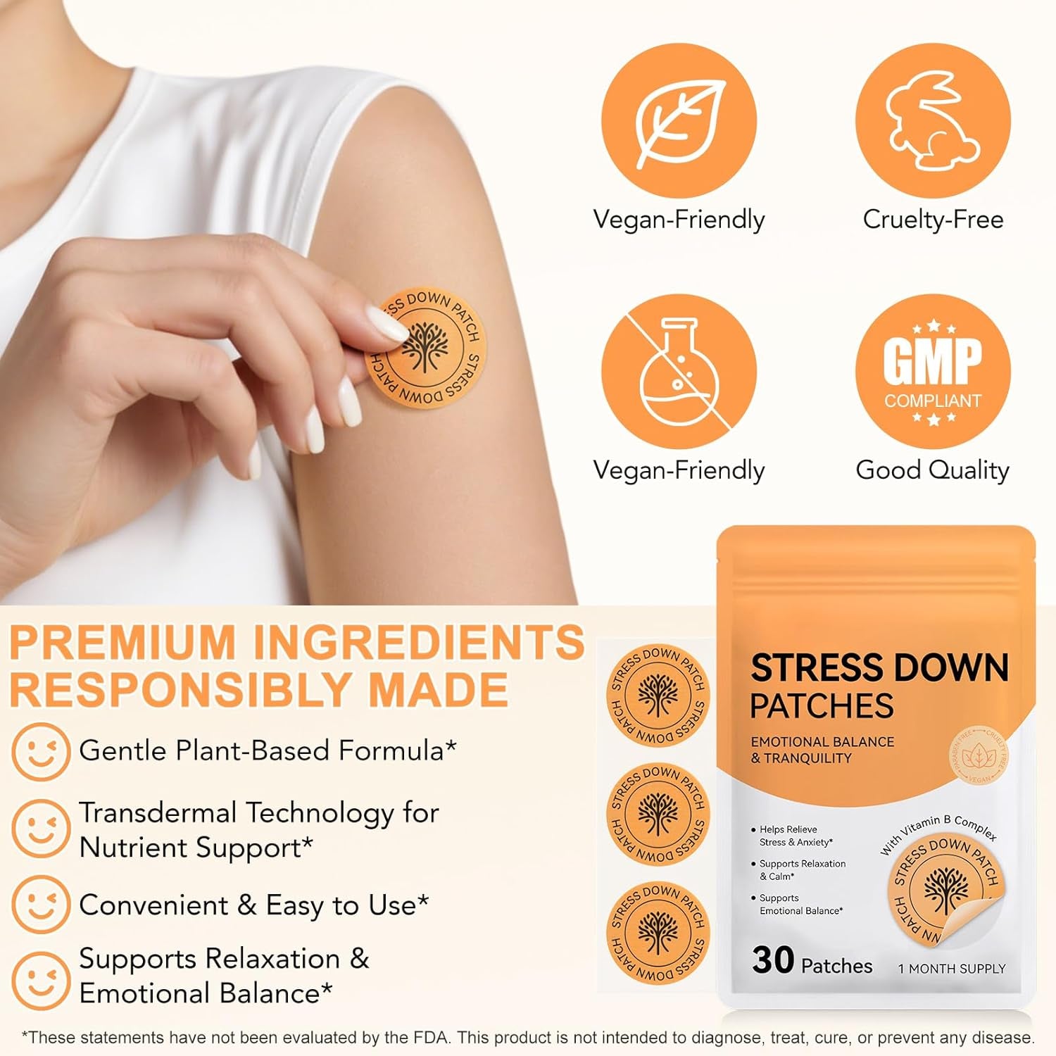 Stress down Patches - Stress & Anxiety Relief, Cortisol Level Support for Women Men, Plant-Based Formula - 30 Patches
