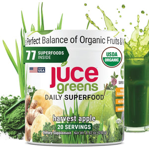 Terra Kai Organics JUCE Green Superfood Powder, Organic Fruits and Veggies Supplement W/ 77 Superfoods plus Prebiotic Probiotic Blend, Harvest Apple Flavor - 20 Servings (250 G)