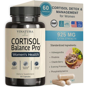 VINATURA Cortisol Supplements for Women - Cortisol Detox and Management - Adrenal Support, Stress Support, 60 Vegan Capsules