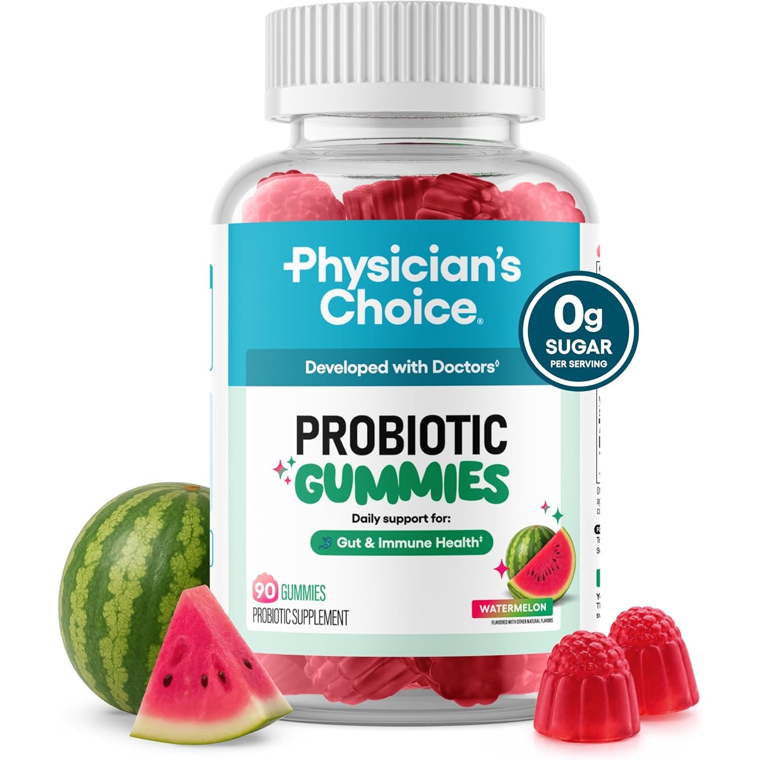 Physician'S CHOICE Probiotic Gummies with Vitamin D & Prebiotic Fiber - Sugar Free - 1B Cfus of Clinically Studied Probiotic - Supports Immune & Gut Health for Women & Men - Watermelon Flavor - 90CT