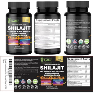Shilajit for Men and Women-Organic Himalayan Shilajit Capsules with Sea Moss, Black Seed Oil, Ashwagandha, Rhodiola Rosea, Burdock, Cordyceps Mushroom, Ginseng, Turmeric, Ginger, 120 Capsules