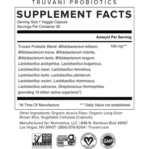 Truvani Probiotic Supplement | 30 Servings | 15 Billion CFU | 15 Diverse Strains for Digestive, Immune & Brain Health Support | Shelf-Stable Vegan Capsules | Non-Gmo, No Fillers