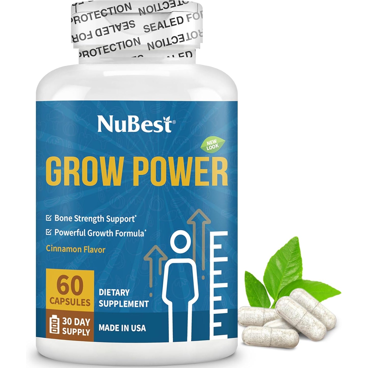 Nubest Grow Power - Calcium Supplement, Magnesium Supplement with Vitamin D3, B6, Zinc, Phosphorus and Multivitamin for Strong Bones, Overall Health for Age 10+ | 60 Capsules | 1 Month Supply