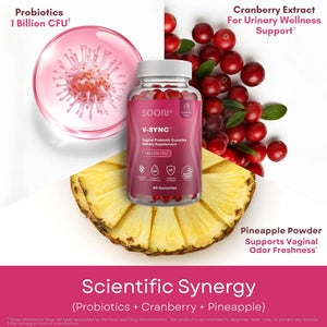 SOON+ Feminine Balance Gummies for Women, V-Sync Pineapple Probiotics for Ph Balance Support * Vaginal, Urinary, Immune, Digestive Wellness * with Bacillus Coagulans, Cranberry, Vitamin C, 60 Gummies