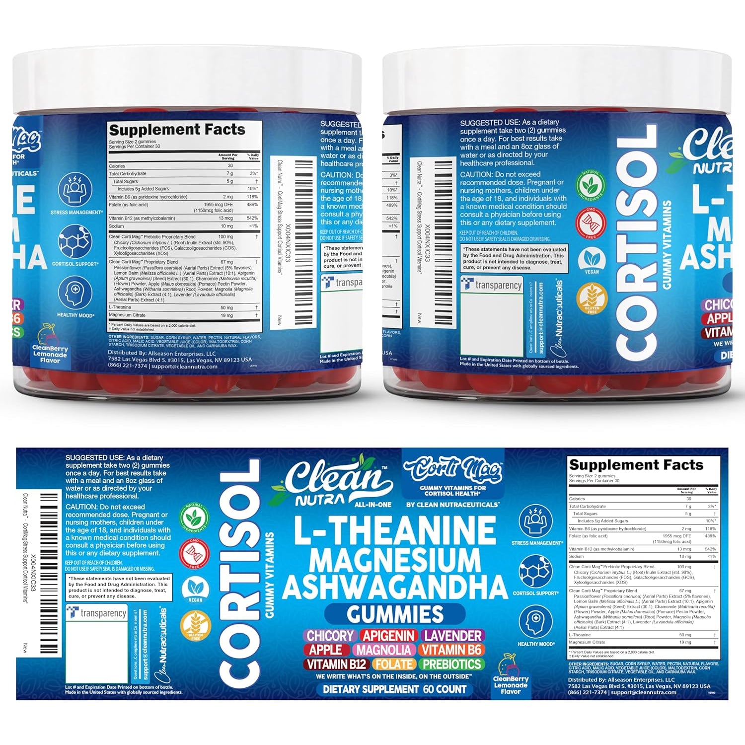 Clean Nutra Cortisol Supplement Gummies L-Theanine Magnesium Ashwagandha Apigenin Vitamin B6 Sleep and Calm Support Lavender Chicory Prebiotic Advanced Gummy Formula