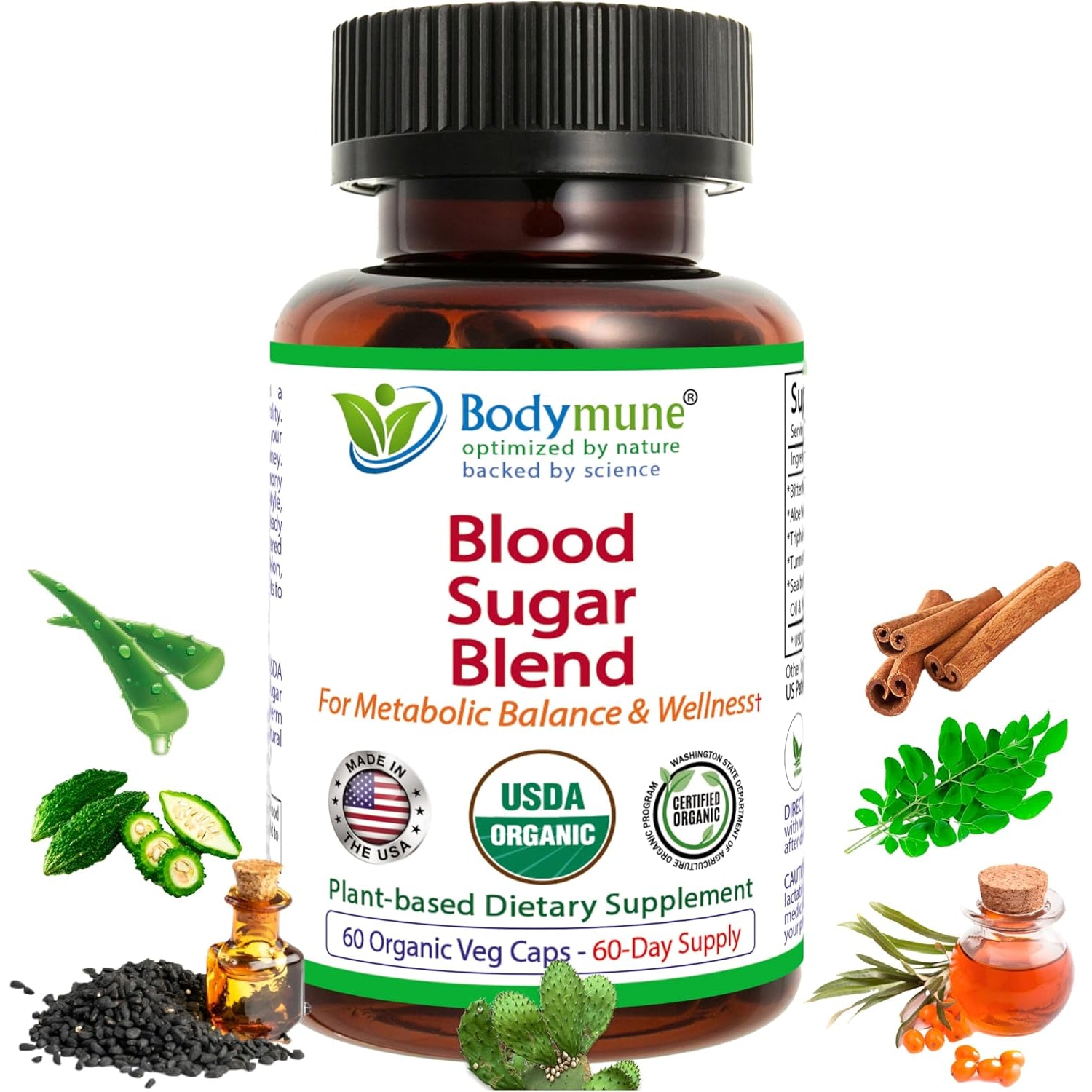 Bodymune Blood Sugar Blend – Organic Blood Sugar Support Supplement – with Bitter Melon Capsules, Moringa, & Black Seed Oil – 66 Capsules – USDA Organic, Vegan, Non-Gmo