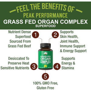 Peak Performance Grass Fed Beef Organ Complex from New Zealand (180 Capsules) Desiccated Organs Superfood Pills. Grassfed Beef Liver Capsules with Heart, Kidney, Pancreas, Spleen. Supplement