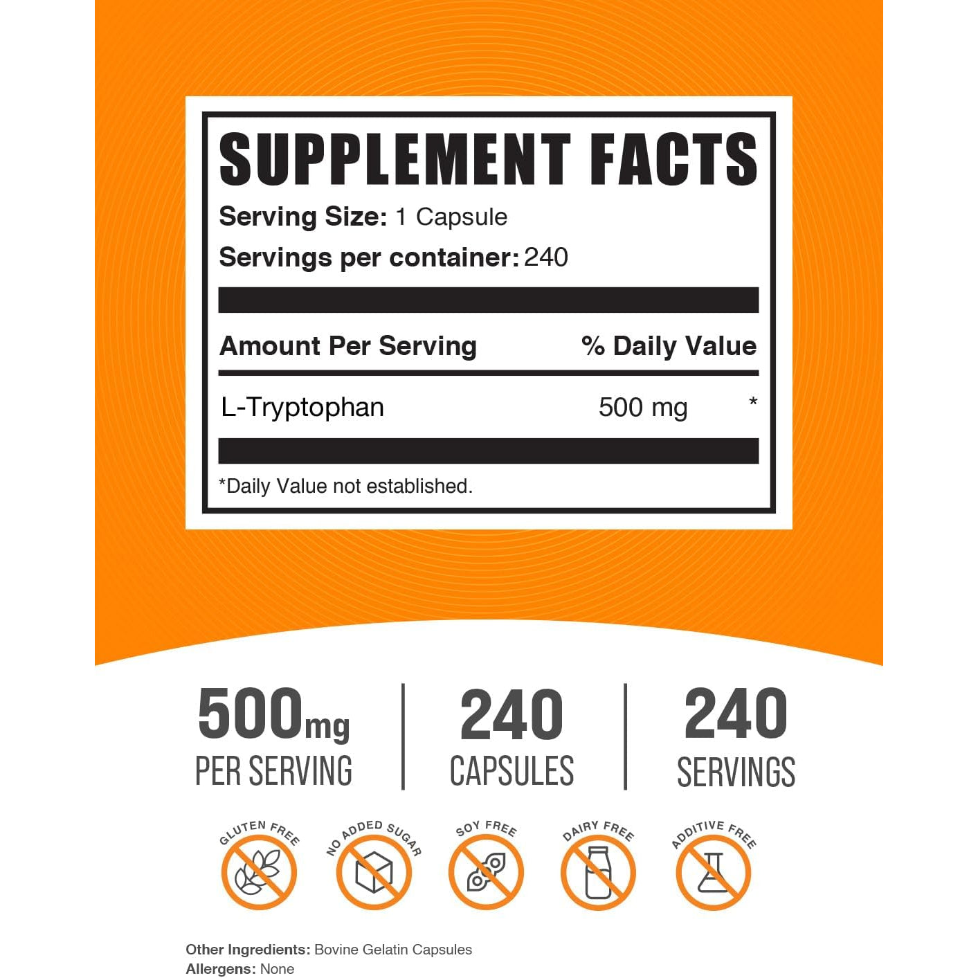 Bulksupplements.Com L-Tryptophan Capsules - Tryptophan Supplement, L-Trptophan 500Mg - Amino Acid Supplement, Gluten Free - 1 Capsule per Serving, 240 Capsules (Pack of 1)