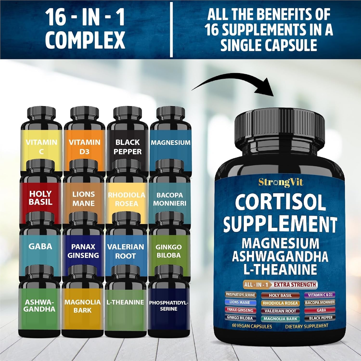 Strongvit Cortisol Supplements for Women and Men with Magnesium, Ashwagandha & L-Theanine. High Cortisol Reducer, Manager, Detox, Lower and Control. Sleep Support & Stress Relief, USA