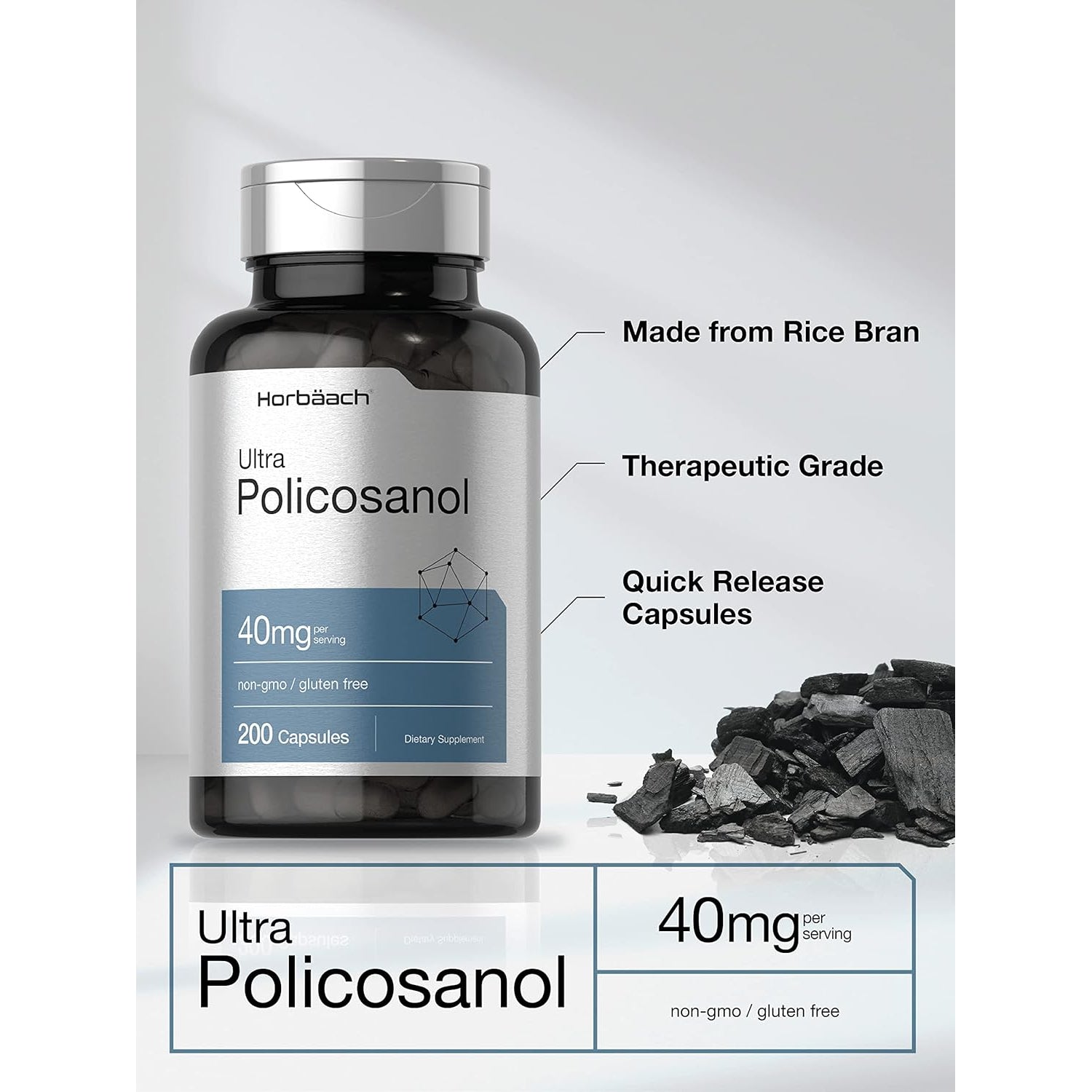 Horbäach Policosanol 40Mg | 200 Capsules | Non-Gmo and Gluten Free Supplement