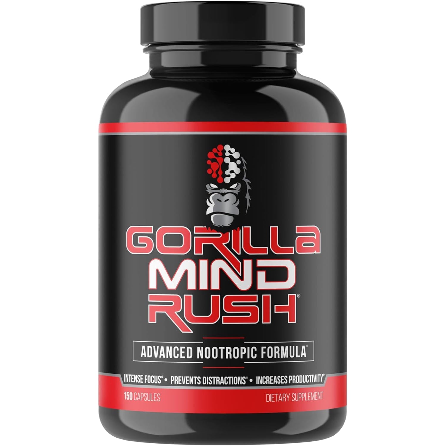 Gorilla Mind Rush - Nootropic Supplement | Intense Focus · Insane Productivity Cognitive Health Support, Memory, Focus, Concentration, Clarity | 150 Capsules