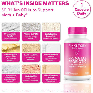 Pink Stork Prenatal Probiotic for Women with 50 Billion CFU | Vitamin B6 & Prebiotics | Pregnancy Probiotics for Morning Sickness | Digestive, Immune, & Gut Health | Vegan & Gluten-Free | 30 Capsules
