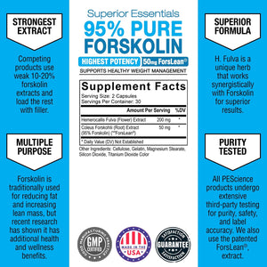 Pescience Forskolin-95+ Capsules, 95% Pure Forskolin from Coleus Forskohlii Extract with Hemerocallis Fulva Extract, Patented Forslean, 50Mg, 60 Count
