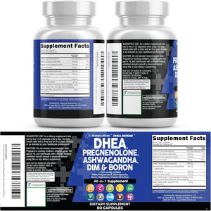 DHEA 200Mg Supplement Pregnenolone 100Mg for Men & Women with DIM Ashwagandha Boron 6Mg Complex Calcium Magnesium Zinc 50Mg Vitamin D3 5000 IU Hormone Support Capsules Pills Made in USA 60 Count