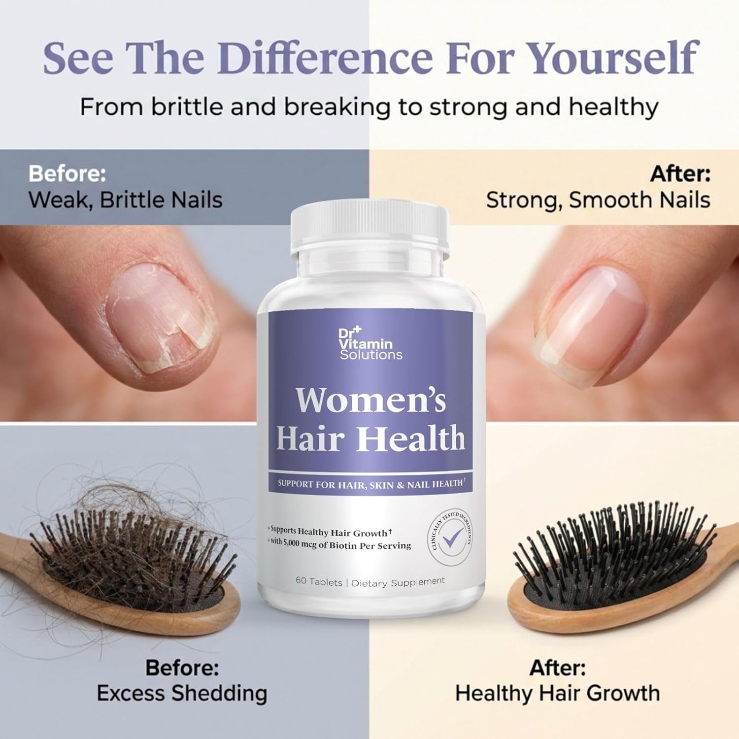 DR VITAMIN SOLUTIONS Women'S Hair Health - Hair, Skin & Nails Support with Biotin & Collagen - 60 Tablets