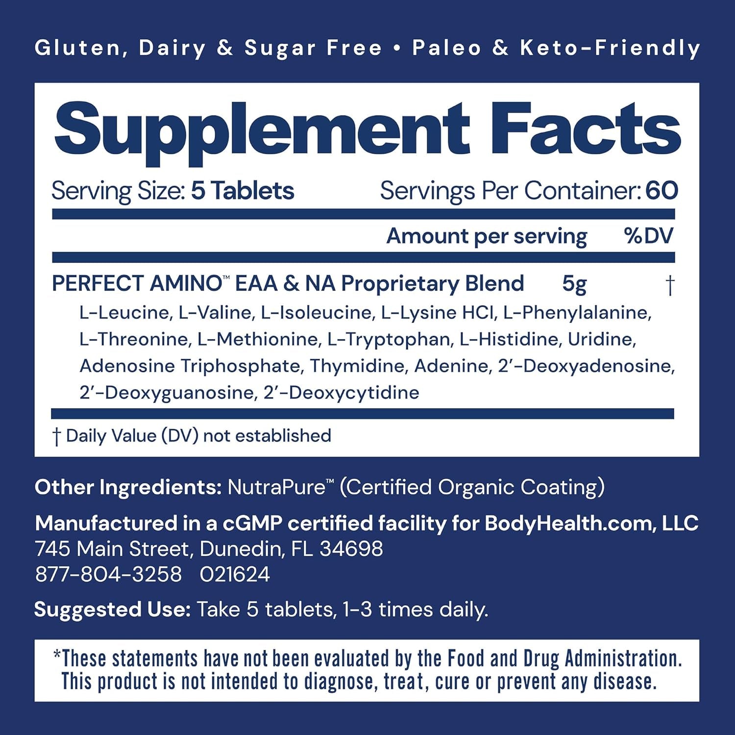 Bodyhealth Perfectamino (300 Ct) Easy to Swallow Tablets, Essential Amino Acids Supplement with Bcaas, Vegan Protein for Pre/Post Workout & Muscle Recovery with Lysine, Tryptophan, Leucine, Methionine