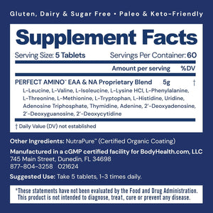 Bodyhealth Perfectamino (300 Ct) Easy to Swallow Tablets, Essential Amino Acids Supplement with Bcaas, Vegan Protein for Pre/Post Workout & Muscle Recovery with Lysine, Tryptophan, Leucine, Methionine