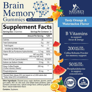 Brain Supplements Gummies - 3X Strength Brain Gummy Vitamin plus Nootropics for Memory, Focus, Concentration - Phosphatidylserine, B6, B12 & Nootropic, Clarity Support Supplement - 60 Gummies