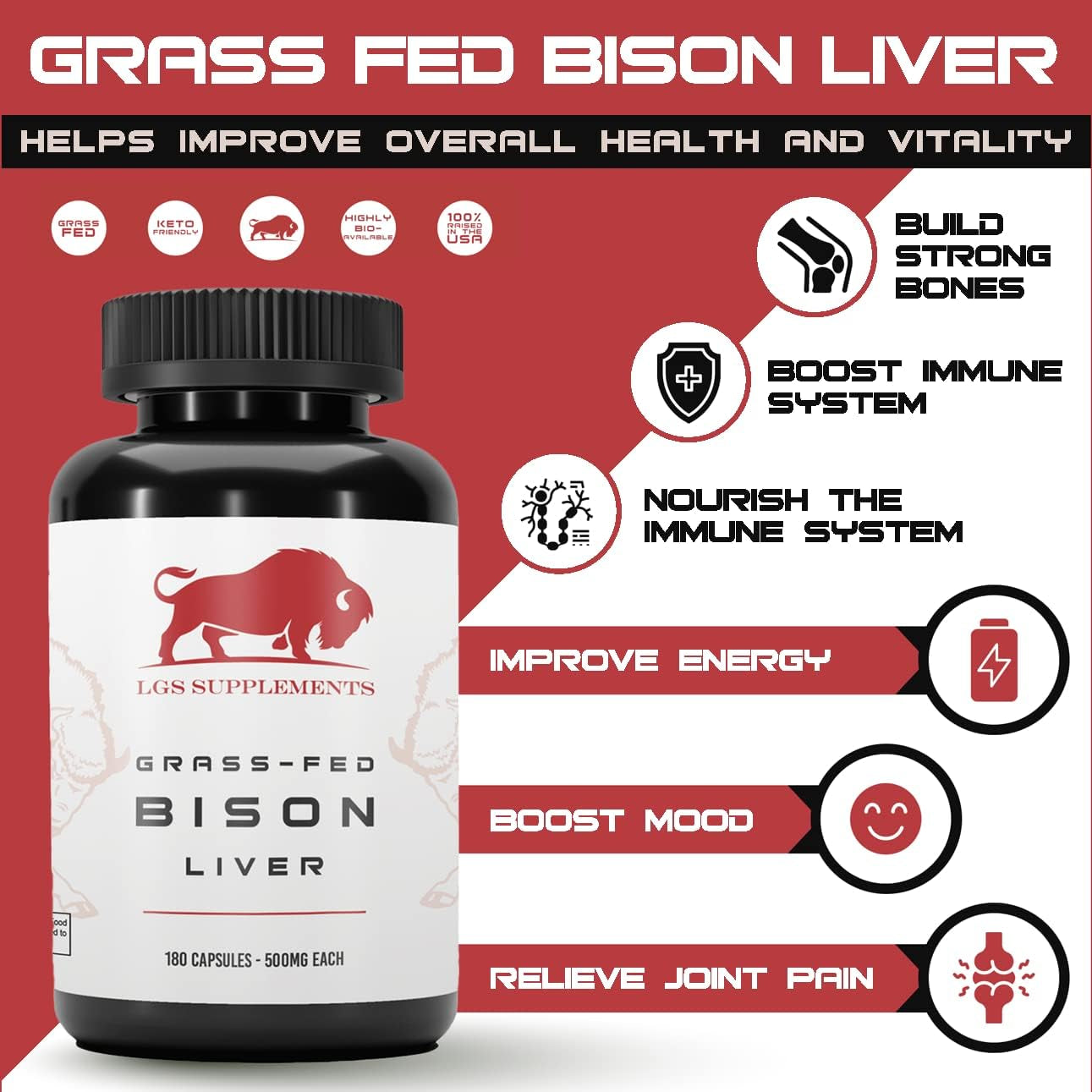 Grass Fed Bison Liver Capsules Supports Energy Production, Detoxification, Digestion, Immunity, Natural Iron Non-Gmo, Freeze Dried Liver Health Supplement, 3000Mg