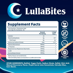 Lullabites - Natural Sleep Gummies - Made in USA - with 5-HTP, L-Theanine, Magnesium & Valerian Root - Melatonin Free - Vegan - Halal - Sugar, Gluten Free - Sweet Strawberry - 60 Gummies - 30 Servings