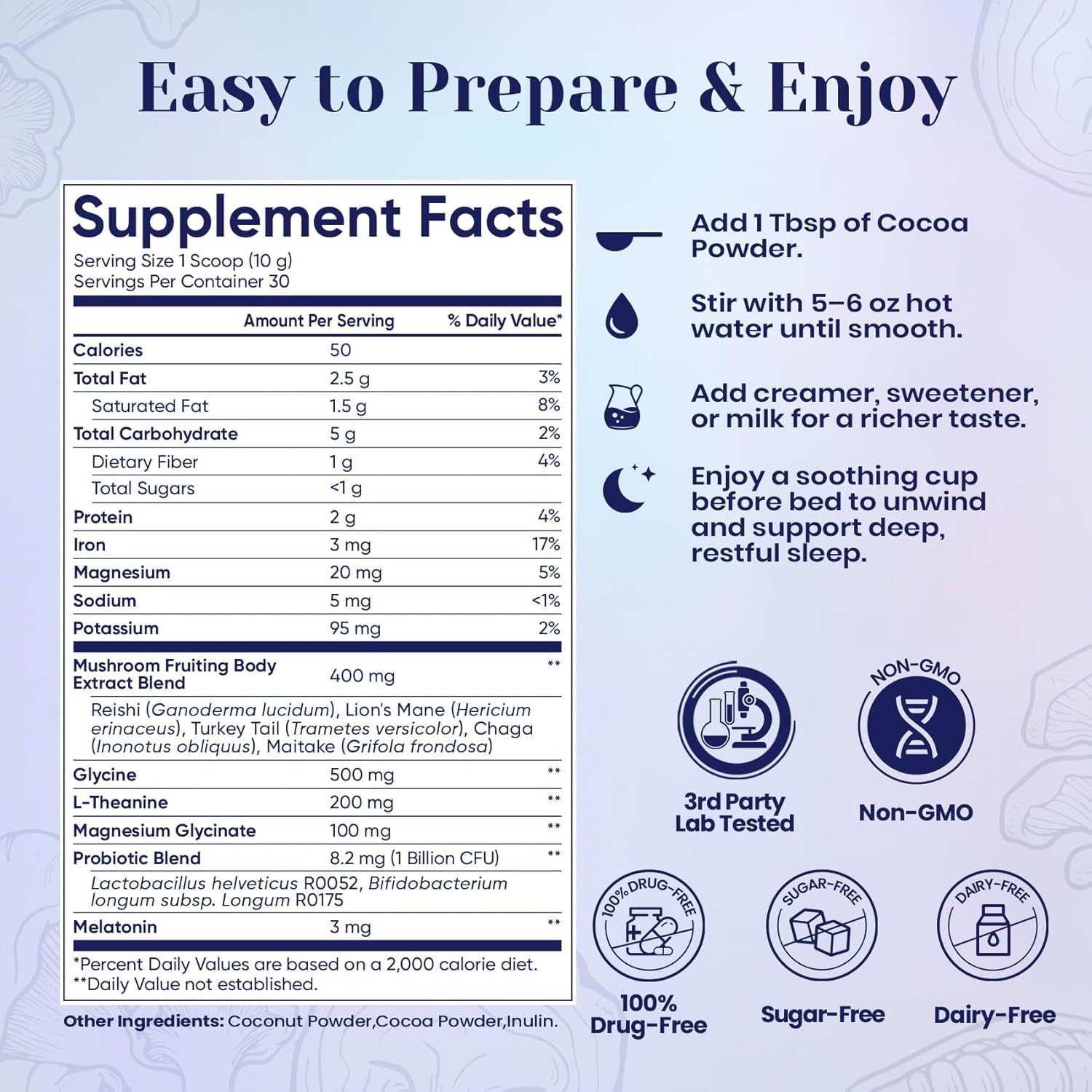 Mushroom Hot Cocoa Powder with Magnesium Glycinate, Natural Sleep Aid with Reishi & L-Theanine for Adults, 12 Superfoods, Melatonin 3Mg, Unsweetened Hot Chocolate Drink Mix for Sleep, 30 Servings