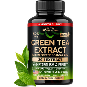 Green Tea Extract - 50% EGCG, Extra Strength 20:1 Extract - Natural Green Tea Supplement + Green Coffee Beans & Apple Cider Vinegar - Energy & Metabolism Support - for Men & Women - Vegan 120 Capsules