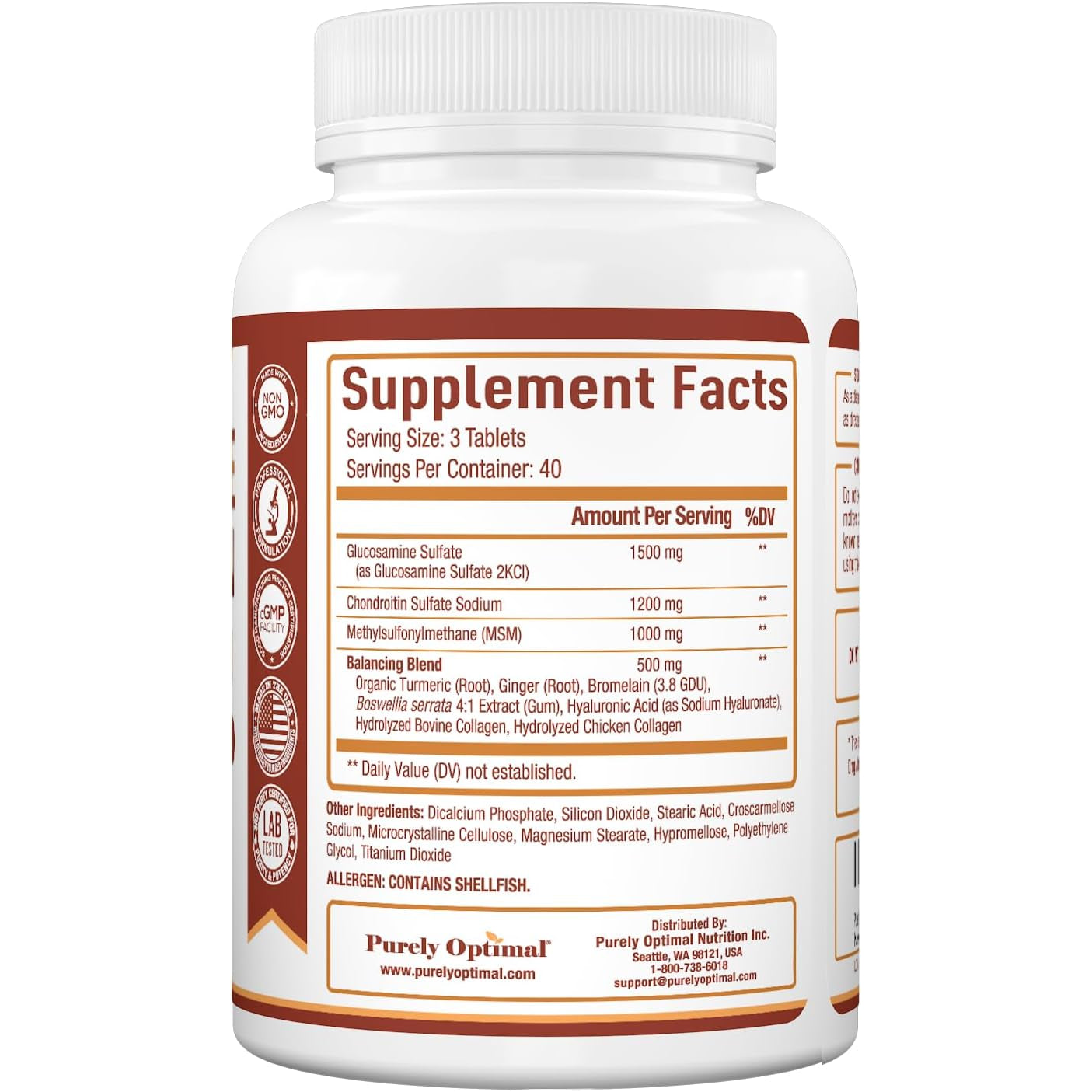 Purely Optimal Glucosamine Chondroitin MSM Supplement W/Turmeric & Boswellia - Glucosamine Sulfate Joint Supplement for Men & Women - 120 Tablets