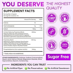 Cortisol Supplements for Women - Cortisol Reducer & Stress Support - Magnolia Bark, Rhodiola Rosea, Holy Basil, Magnesium, Phosphatidylserine - Hormone Balance & Mood, Focus, Sleep Support