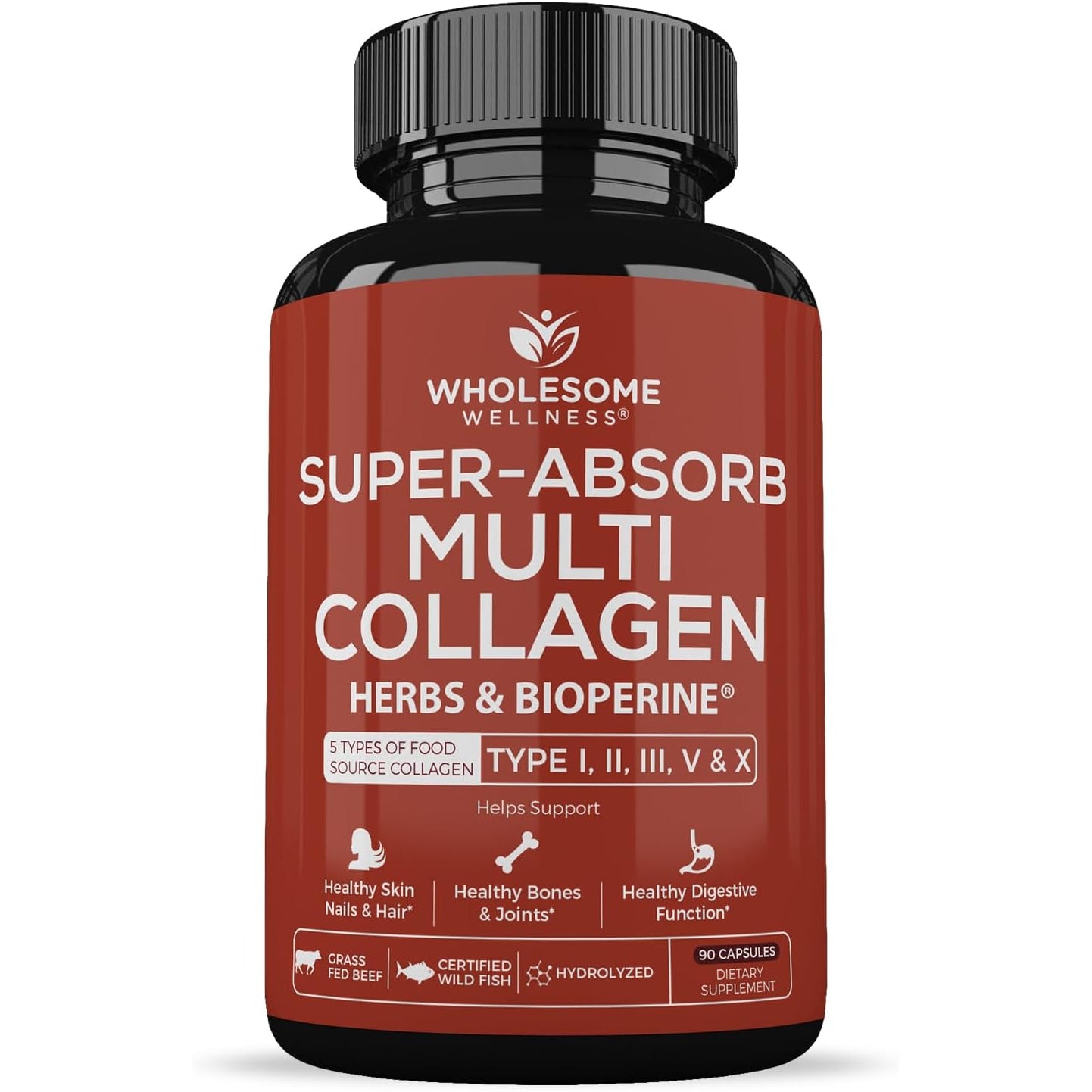 Wholesome Wellness Super-Absorb Multi Collagen Pills (Type I II III V X) Organic Herbs & Bioperine - Hair, Skin, Nails - Hydrolyzed Peptides Protein Supplement for Women & Men (90 Capsules)