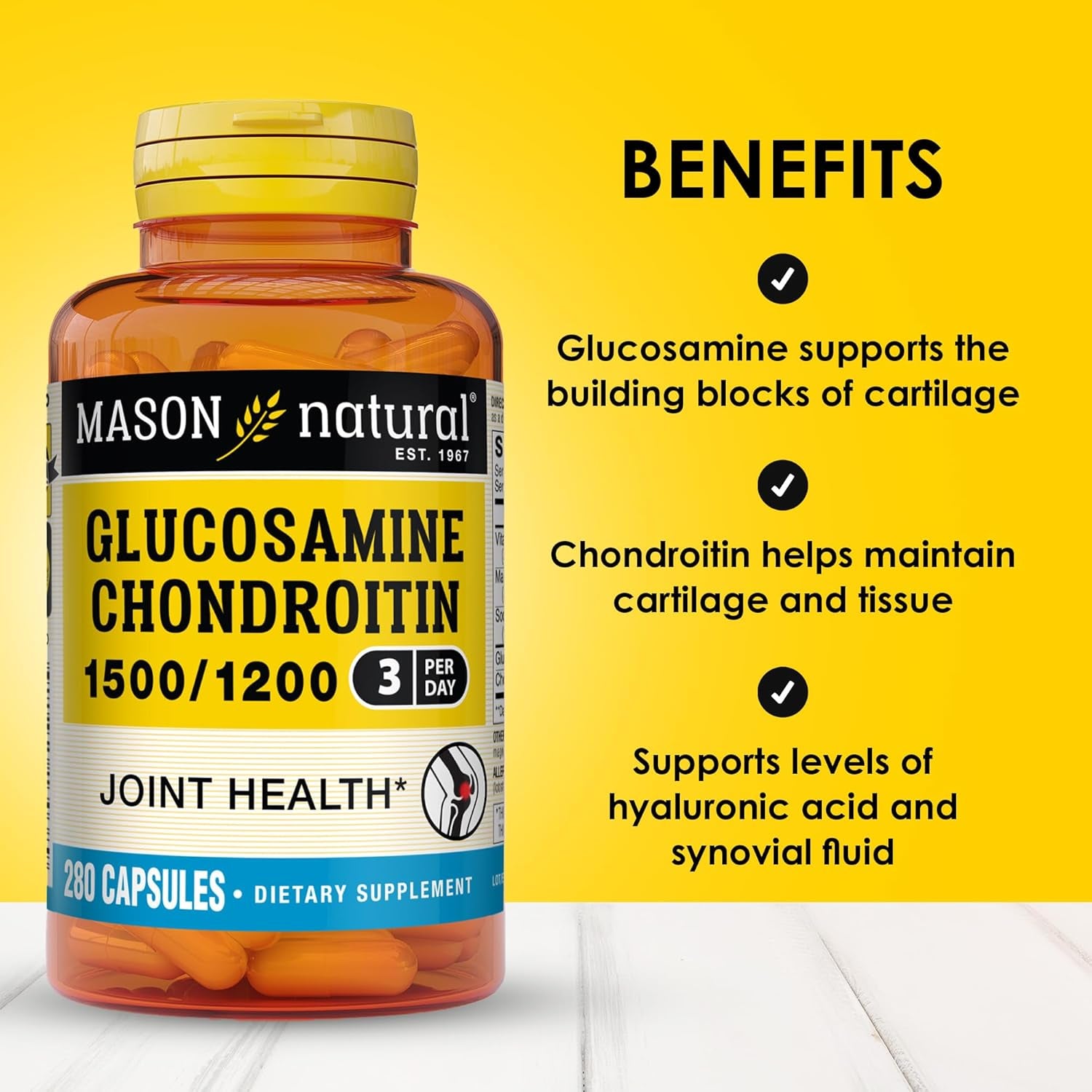 MASON NATURAL Glucosamine Chondroitin 1500/1200 with Vitamin C, Supports Joint Health for Normal Flexibility & Mobility*, 280 Capsules, 3 Month Supply