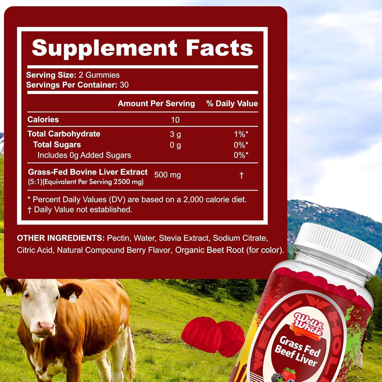 Well&Whole Grass Fed Beef Liver Gummies, Dessicated Beef Liver Supplement for Energy, Immunity, and Full Wellness - Non GMO, Gluten Free, for Adults and Kids, 60 Counts
