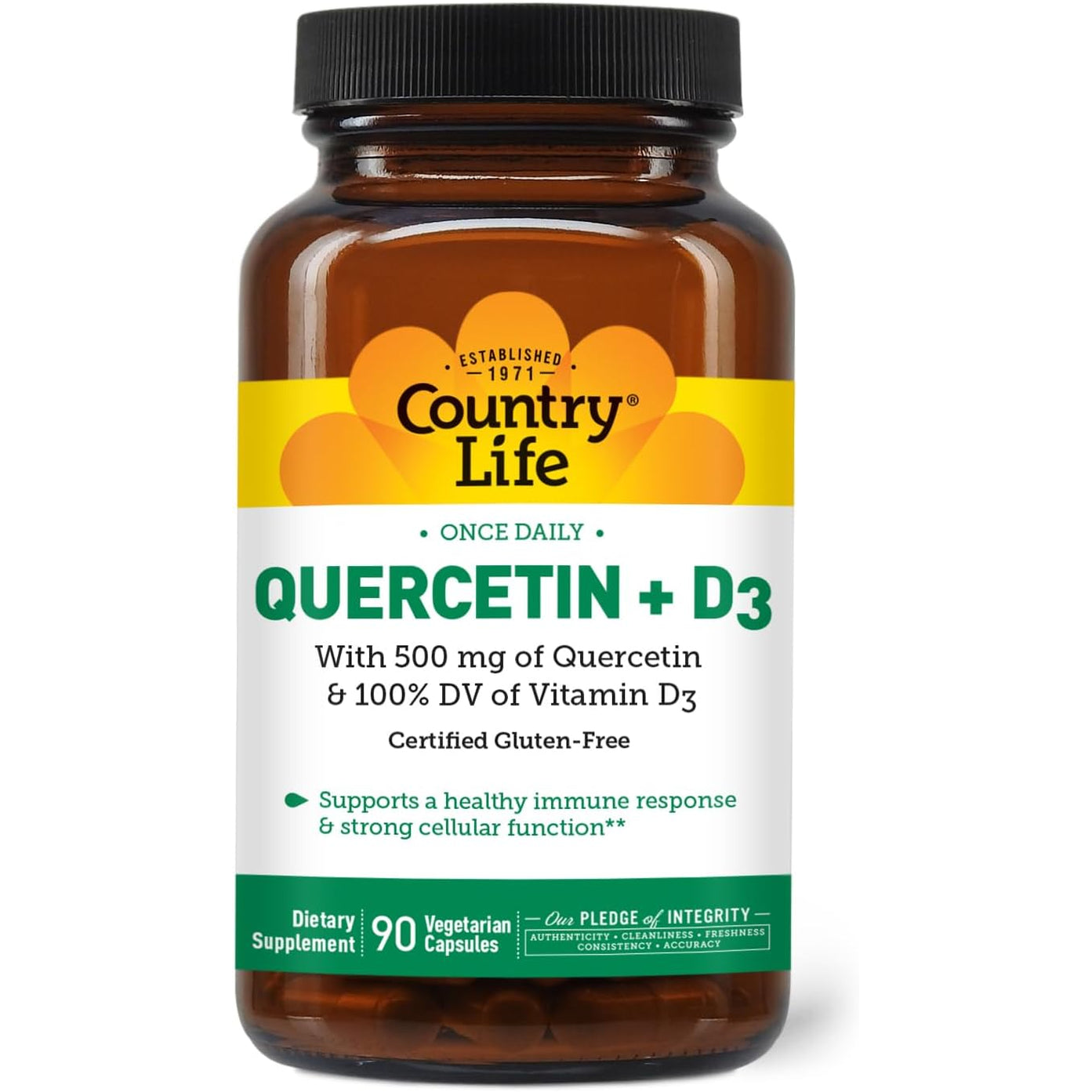 Country Life Quercetin 500Mg Capsules with Vitamin D3 800 IU – Immune Support Supplement for Adults – Daily Immune Boosters – Quercetin Immune System Boost, 90 Capsules