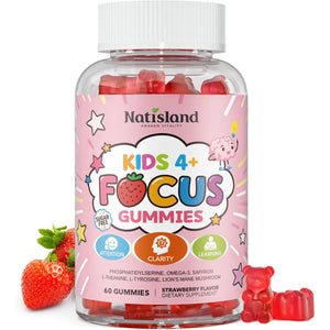 Focus Gummies for Kids, Brain Supplements with Phosphatidylserine, Omega-3 & Saffron, for Kids Memory, Focus & Attention Support, Sugar Free, Vegan, Strawberry Flavor, 60 Chewable