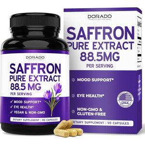Saffron Supplements for Mood, Energy & Vision Support (3 Month Supply) Pure Saffron Extract 88.5Mg per Serving - Vegan Safe, Gluten Free, Third Party Tested & Non GMO - USA Made (90 Veggie Capsules)