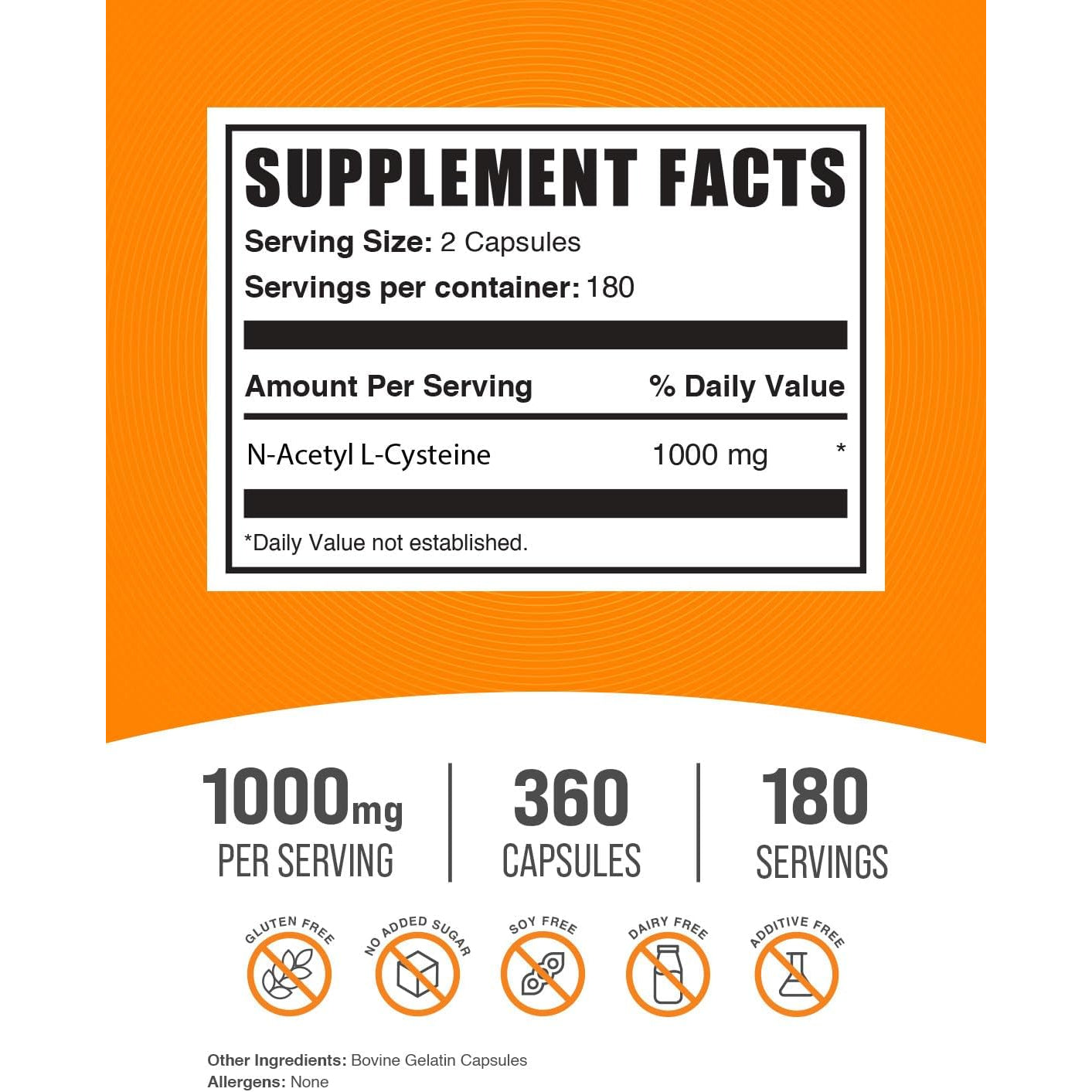 Bulksupplements.Com N-Acetyl L-Cysteine 1000Mg Capsules - N-Acetyl Cysteine 1000Mg, NAC Supplement - NAC 1000Mg, Gluten Free - 2 Capsules per Serving, 360 Capsules (Pack of 1)